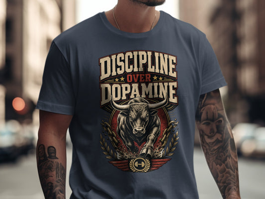 T-shirt with "DISCIPLINE OVER DOPAMINE" text and charging bull graphic.