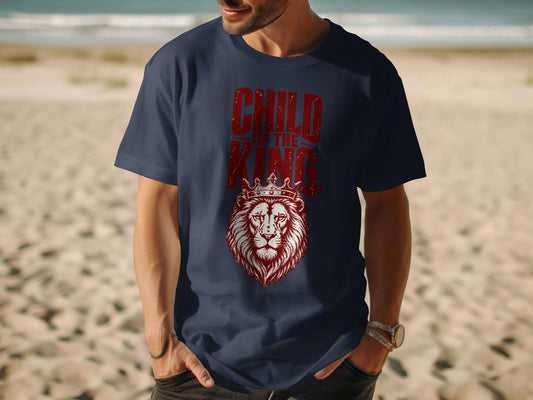 Navy t-shirt with distressed red text "CHILD OF THE KING" over a lion wearing a crown.