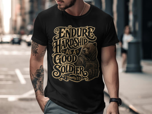 Black t-shirt with "Endure Hardship As A Good Soldier" and bear graphic.