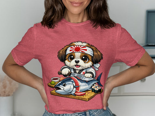 Cute dog wearing a headband prepares a tuna fish with sushi and sauce.