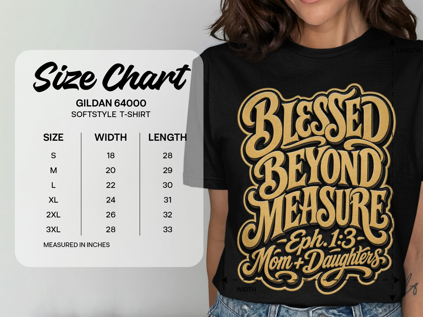 Gildan 64000 softstyle t-shirt size chart with "Blessed Beyond Measure" graphic.