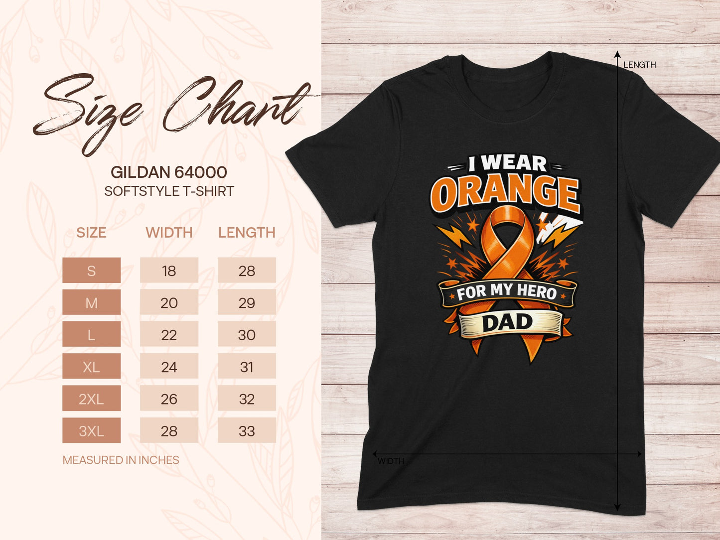 Black t-shirt with "I wear orange for my hero Dad" graphic and size chart.