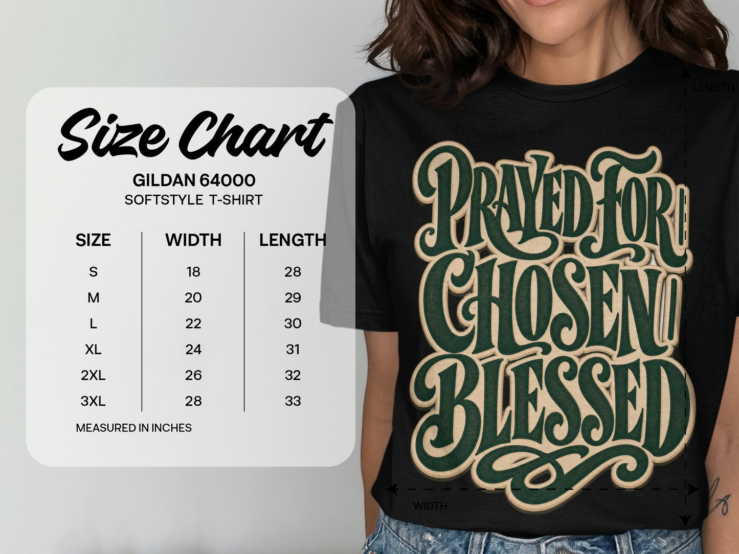 Gildan 64000 Softstyle t-shirt size chart and graphic with text "Prayed For, Chosen, Blessed".
