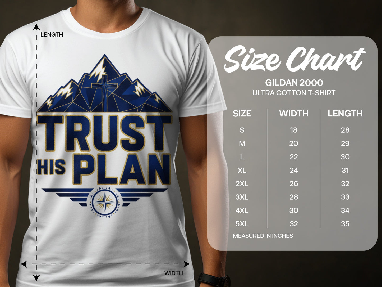 White t-shirt with "Trust His Plan" graphic and Gildan 2000 size chart.