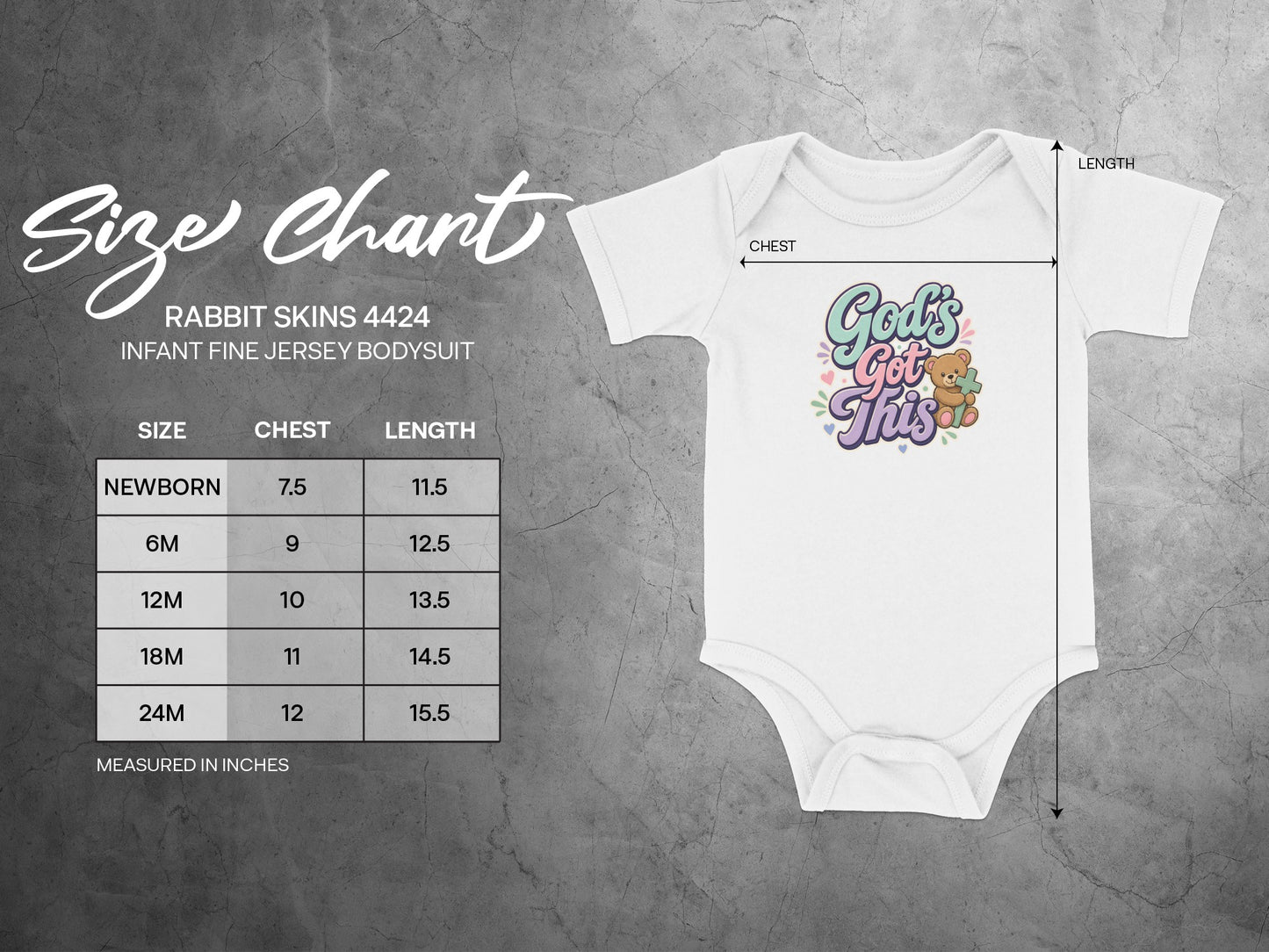 Size chart for Rabbit Skins 4424 infant bodysuit with chest and length measurements.