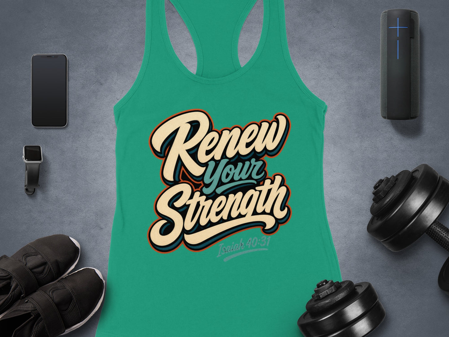Teal tank top with "Renew Your Strength" text and Isaiah 40:31.