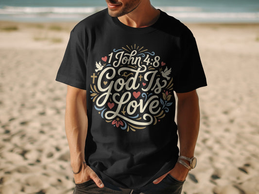 Black t-shirt with "1 John 4:8 God Is Love" and doves design.