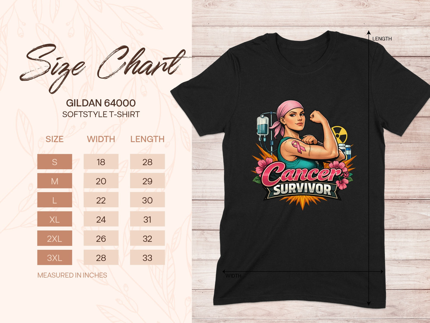 Black t-shirt with "Cancer Survivor" graphic and size chart.