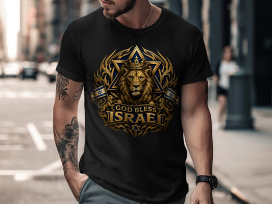 Black t-shirt with a golden emblem of a lion, crown, star of David, and "God Bless Israel" text.