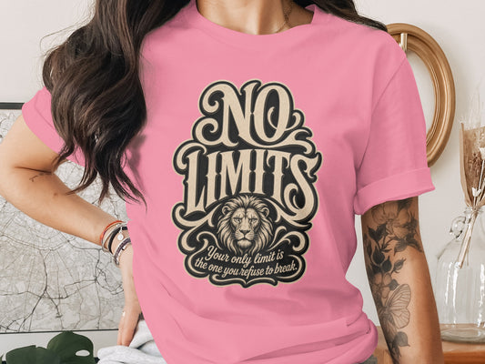 Pink t-shirt with "NO LIMITS" text, lion illustration, and motivational quote.