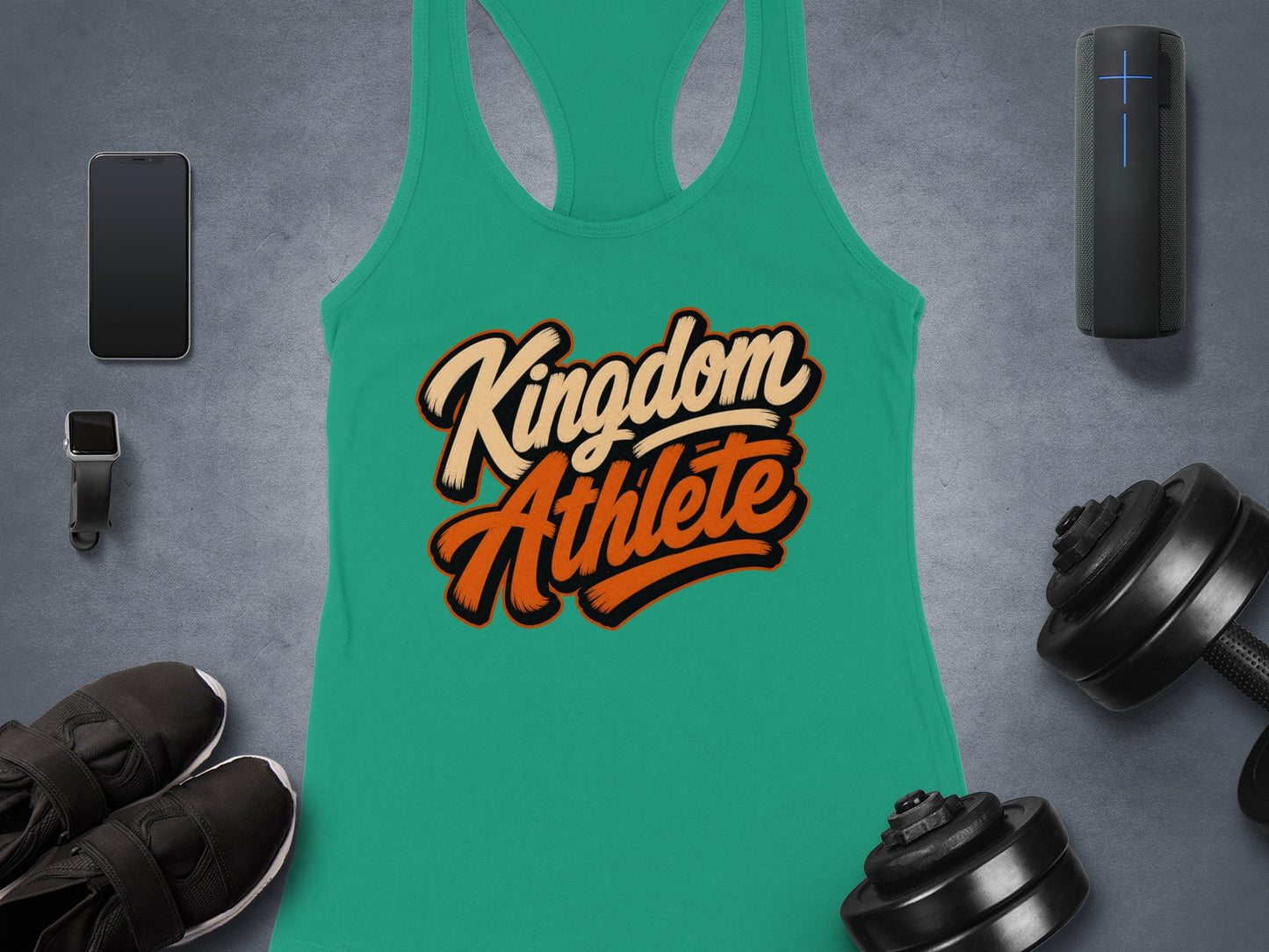 Green "Kingdom Athlete" tank top with workout accessories and electronics.
