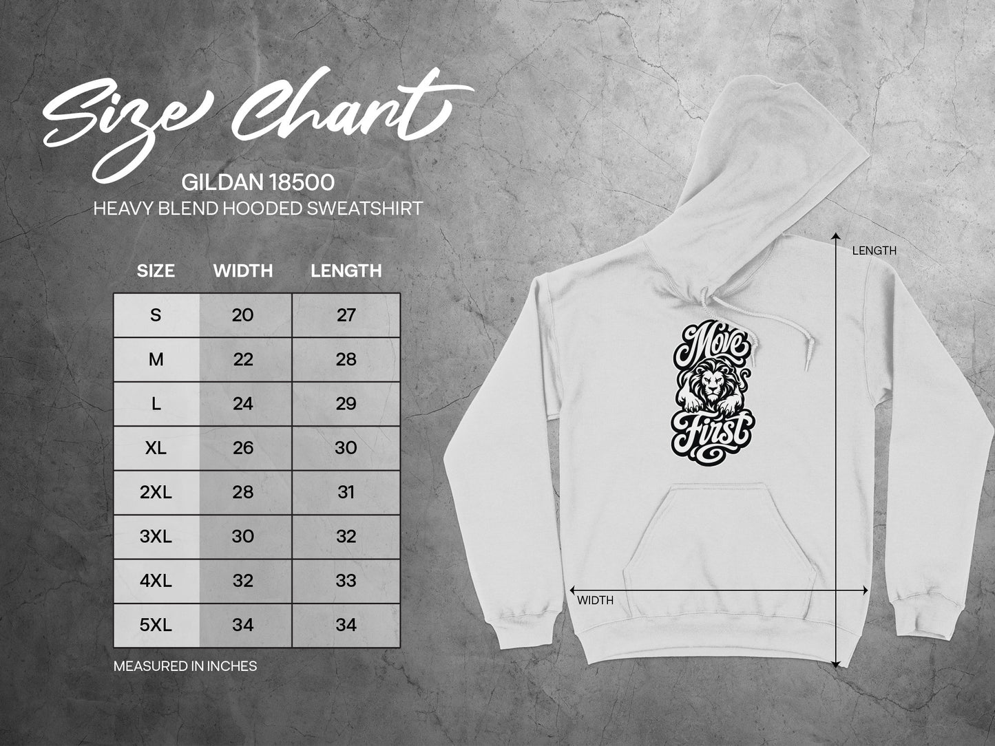 Gildan 18500 hooded sweatshirt size chart with width and length measurements in inches.