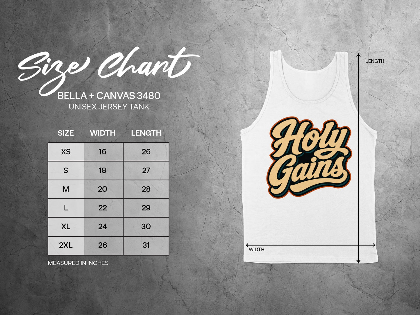 Size chart for Bella + Canvas 3480 unisex jersey tank with measurements.