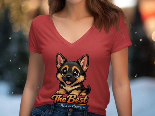 Red v-neck t-shirt with cartoon German Shepherd and "The Best is Yet to Come."