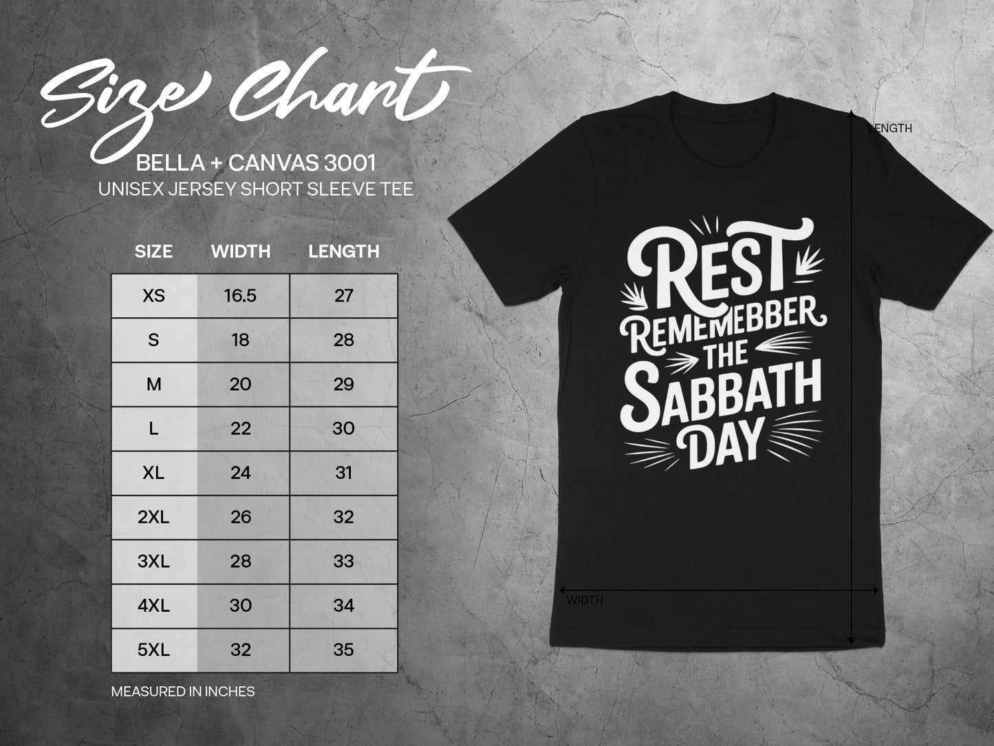 Size chart for Bella + Canvas 3001 unisex t-shirt with measurements in inches.
