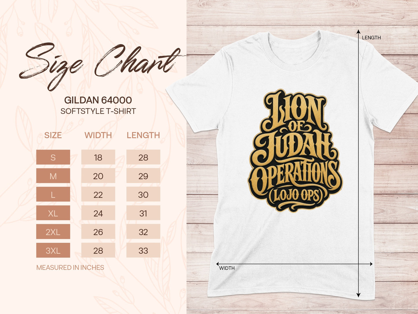 White t-shirt with "Lion of Judah Operations (LOJO OPS)" graphic and Gildan 64000 size chart.