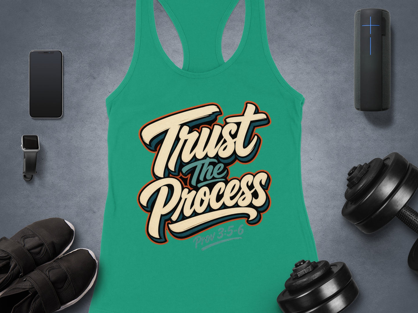 Green tank top with "Trust The Process" and "Prov 3:5-6" text.