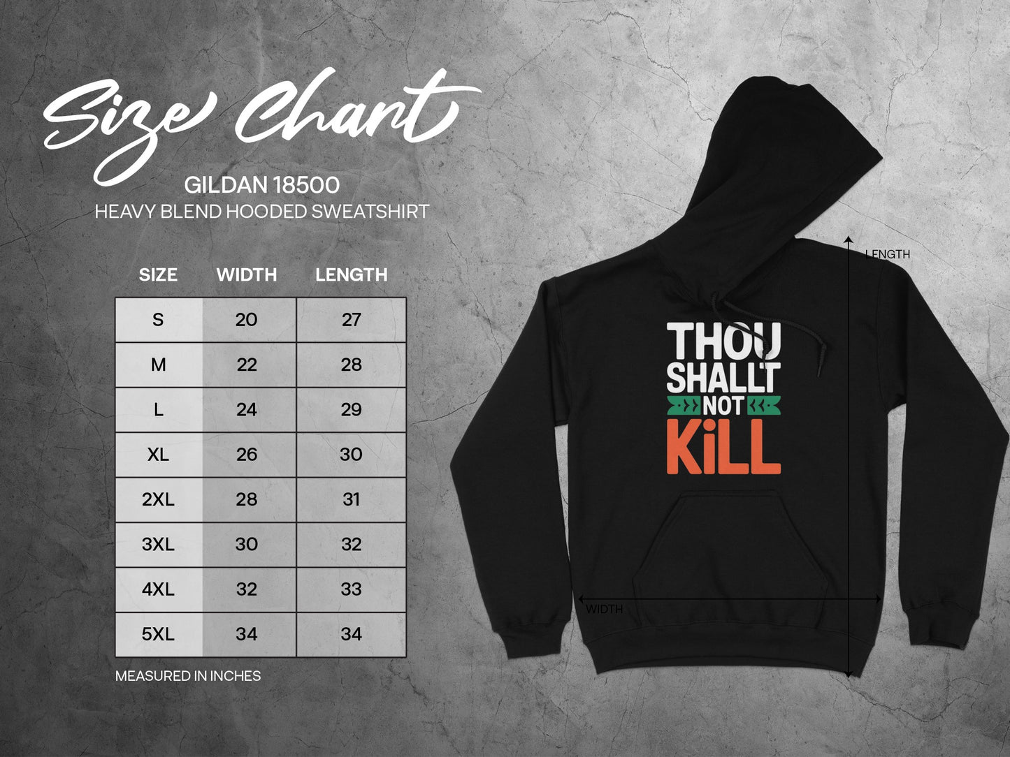 Gildan 18500 heavy blend sweatshirt size chart with width and length measurements.