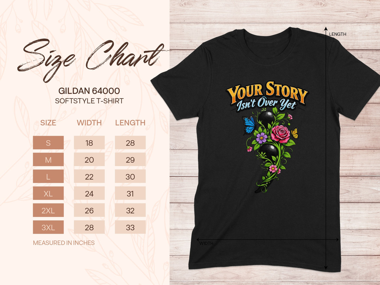 Black Gildan 64000 t-shirt with semicolon and floral graphic. Size chart included.