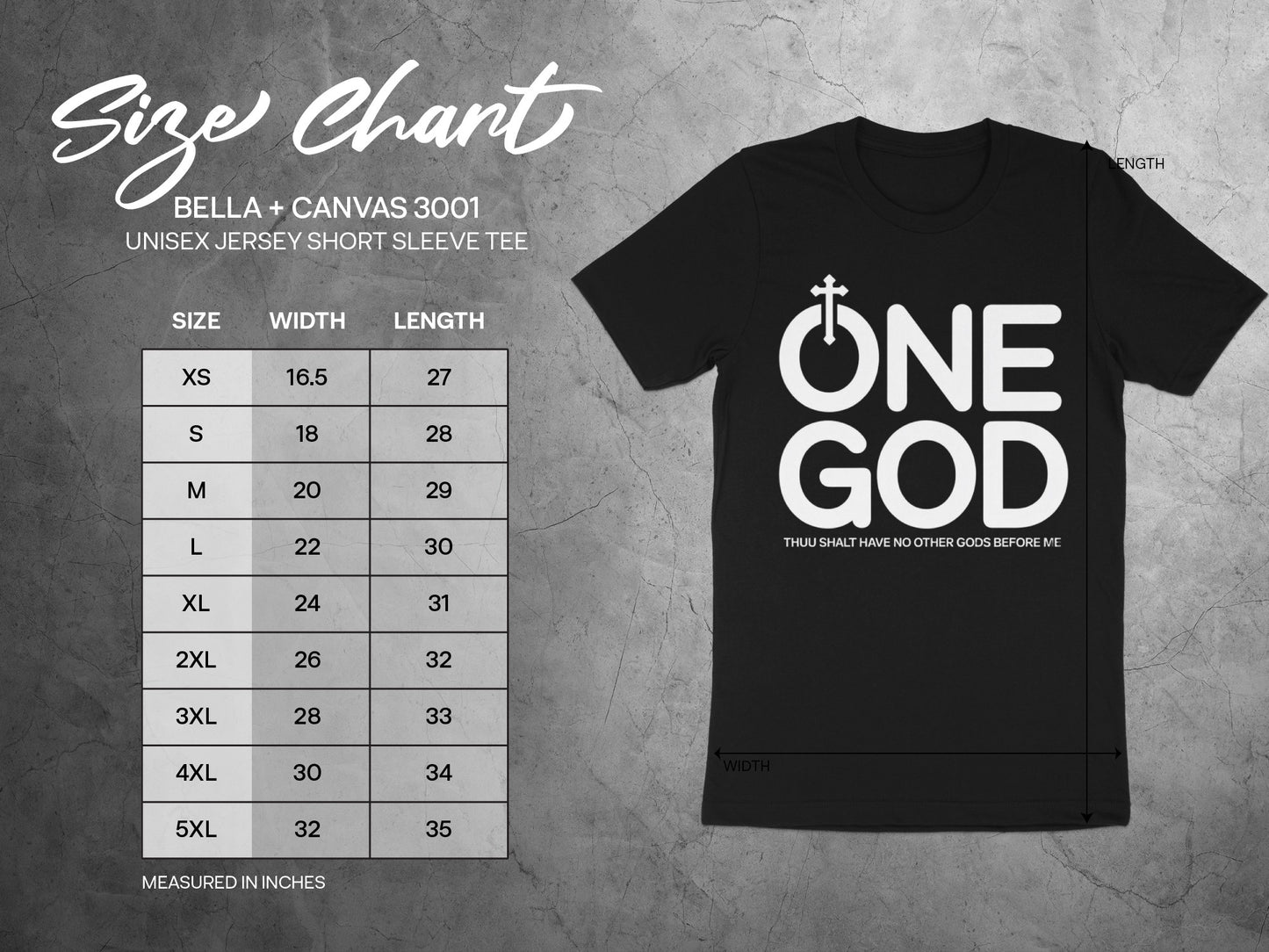Size chart for Bella + Canvas 3001 unisex short sleeve tee, with measurements.