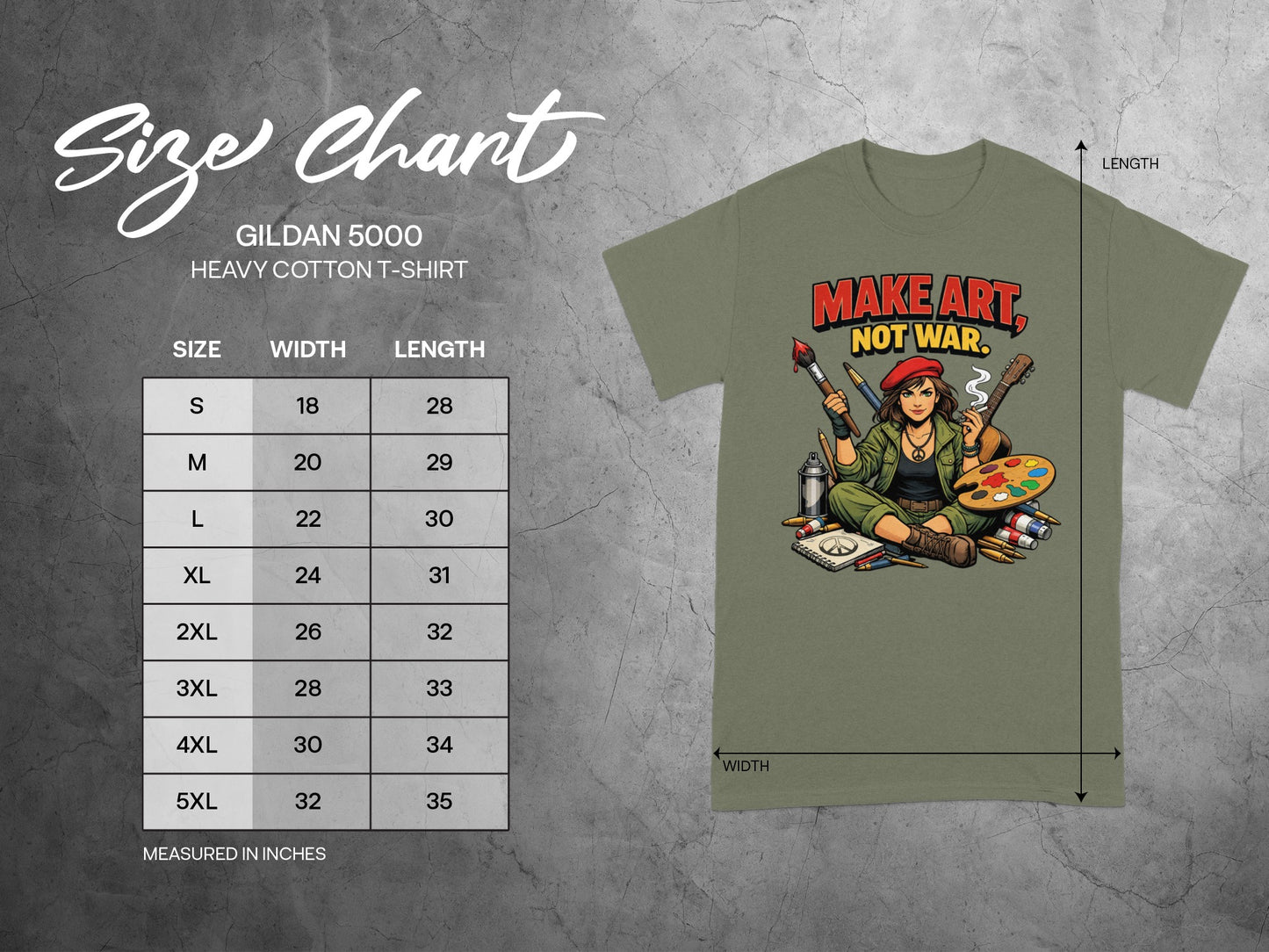Gildan 5000 heavy cotton t-shirt size chart with widths and lengths in inches.