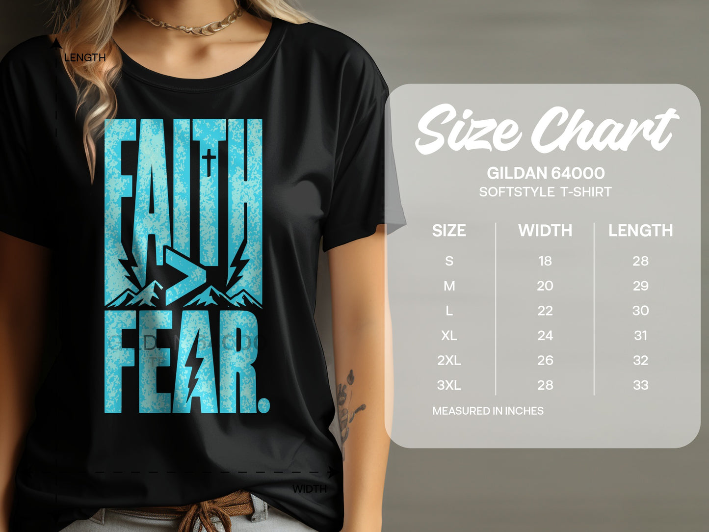 Black t-shirt with blue "FAITH > FEAR" graphic, with size chart.