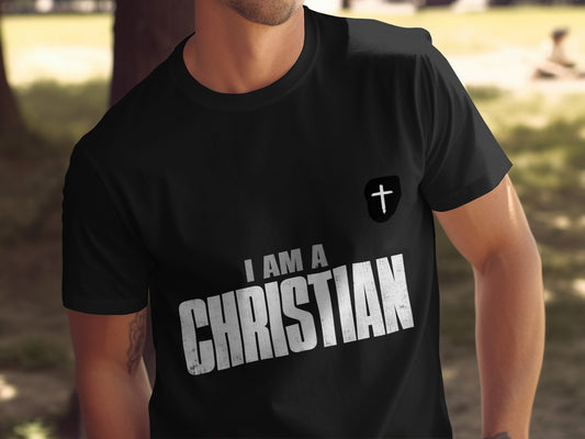 Black t-shirt with "I AM A CHRISTIAN" text and a cross emblem.