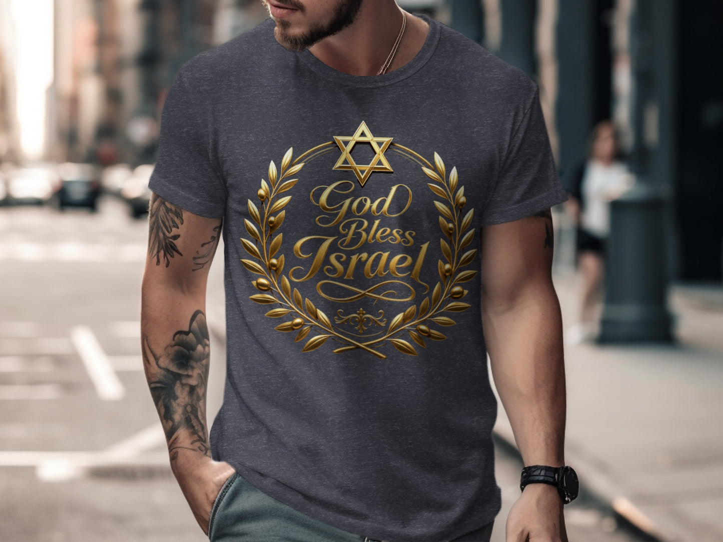 Dark grey t-shirt with gold Star of David and "God Bless Israel" wreath.