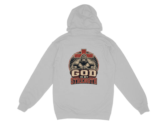 Gorilla in front of cross graphic with "God is my strength" text.