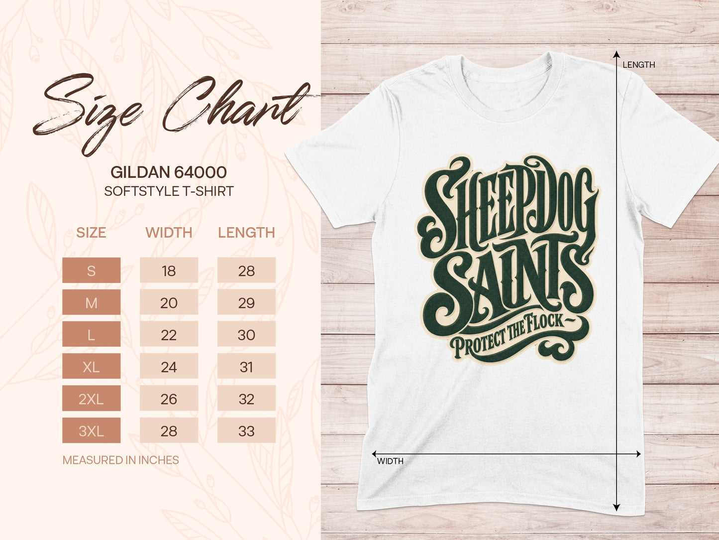 Gildan 64000 softstyle t-shirt size chart with measurements in inches.