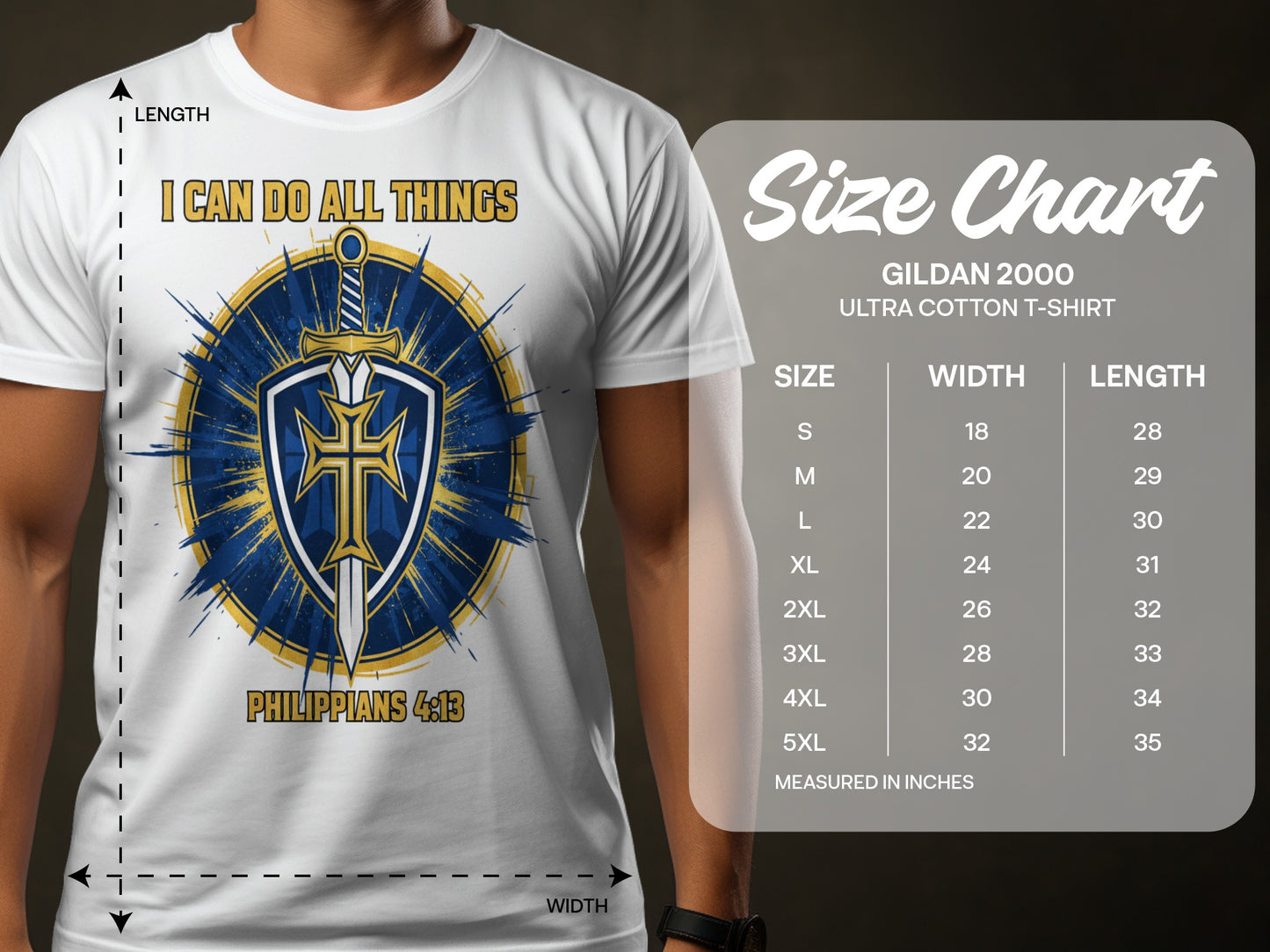 White t-shirt with shield, sword, and text "I Can Do All Things" and "Philippians 4:13".