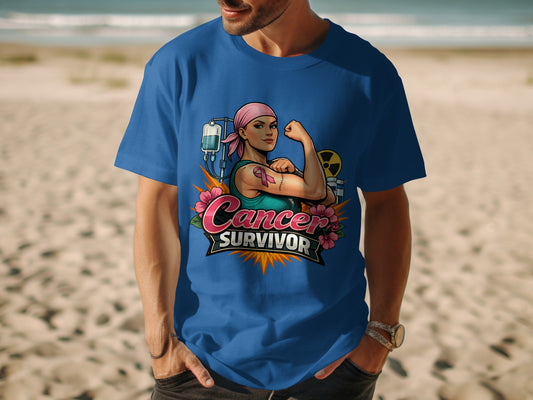 Blue t-shirt with "Cancer Survivor" graphic featuring a flexing woman and medical icons.