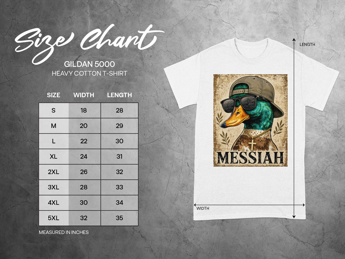 Gildan 5000 t-shirt size chart with graphic of duck wearing sunglasses and hat.