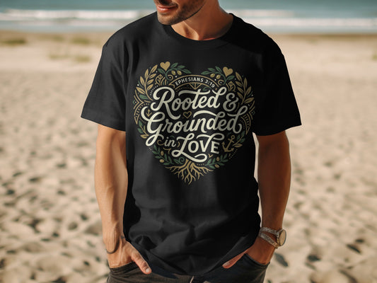 Black t-shirt with "Rooted & Grounded in Love" and Ephesians 3:19.