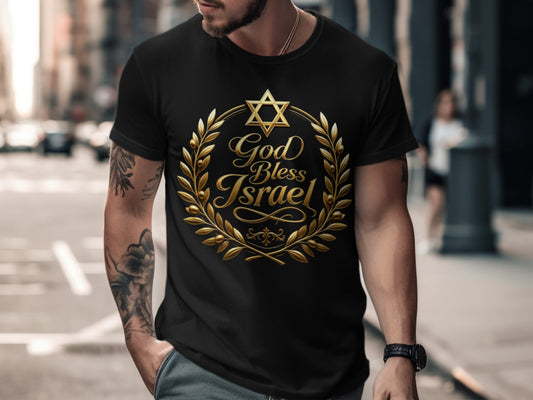 Black t-shirt with a golden olive wreath and "God Bless Israel" text.