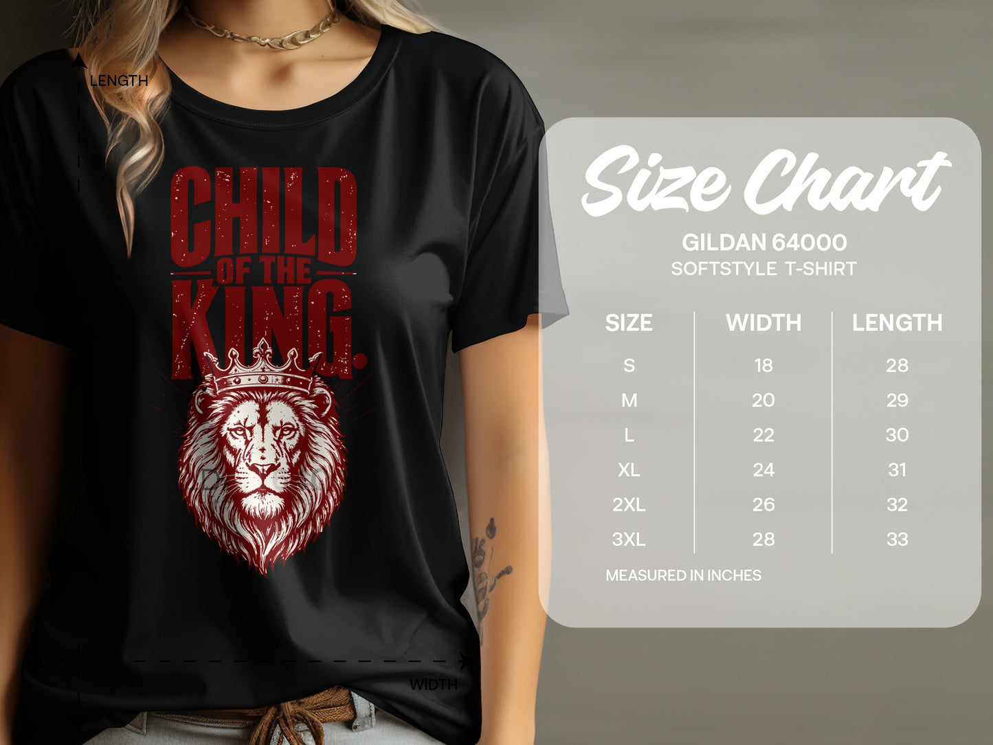 Black t-shirt with "Child of the King" text and a lion wearing a crown.