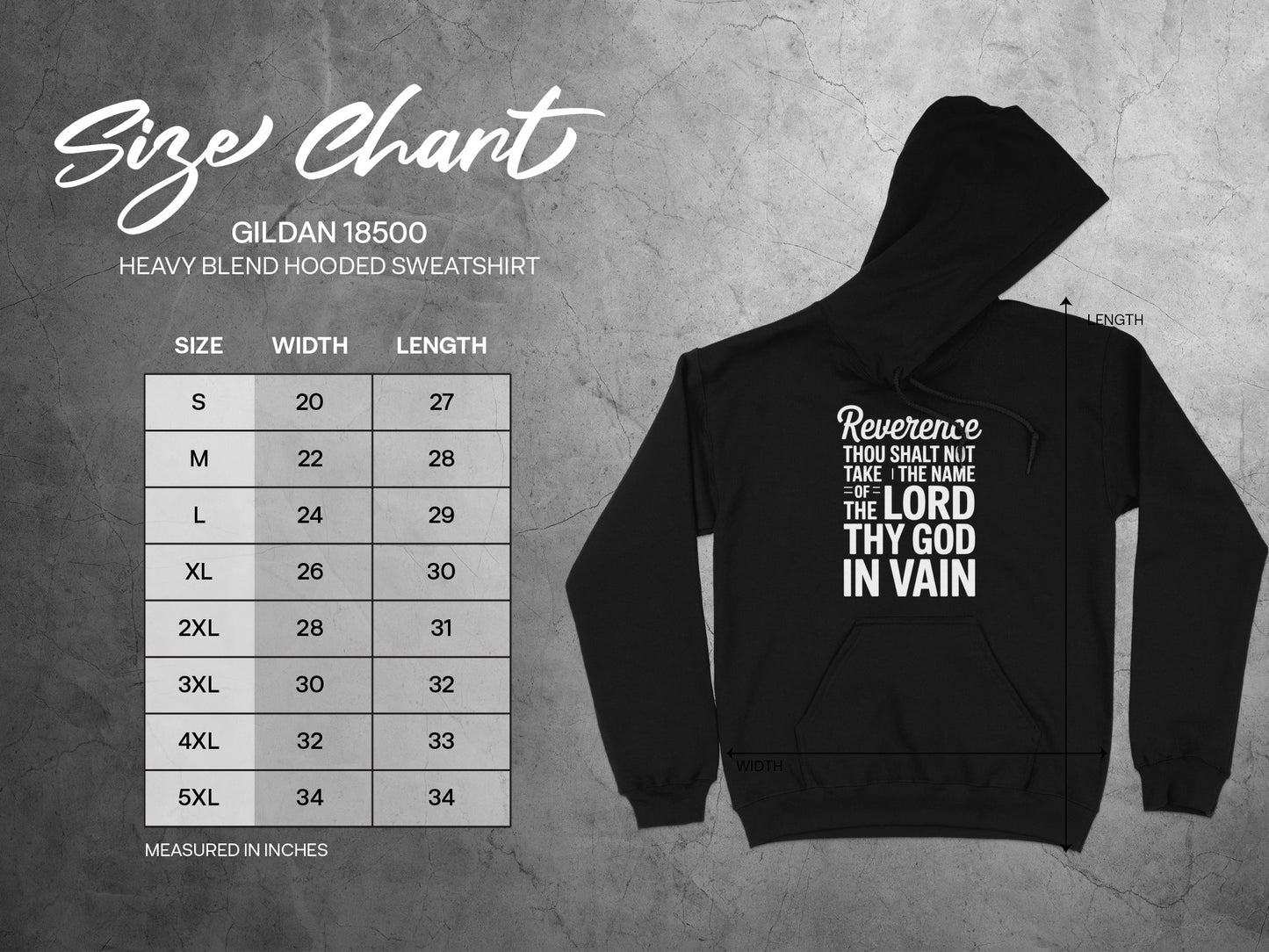Gildan 18500 Heavy Blend Hooded Sweatshirt size chart with width and length measurements.