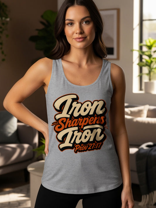 Grey tank top with "Iron Sharpens Iron" text and Proverbs 27:17.