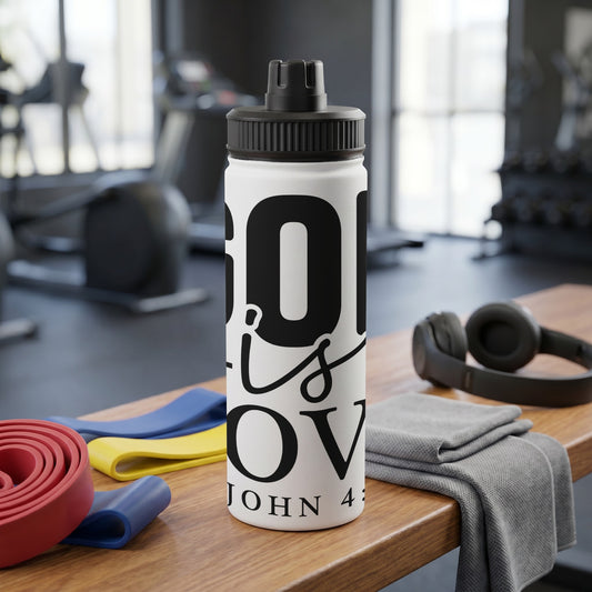 White water bottle with black text "GOD is LOVE" and "JOHN 4:8" on a gym background.