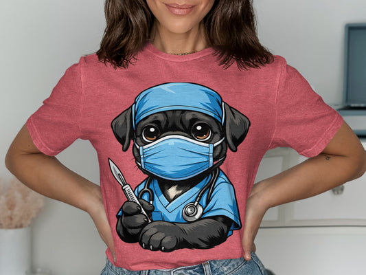 Black dog wearing scrubs, mask, surgical cap, and holding a scalpel.