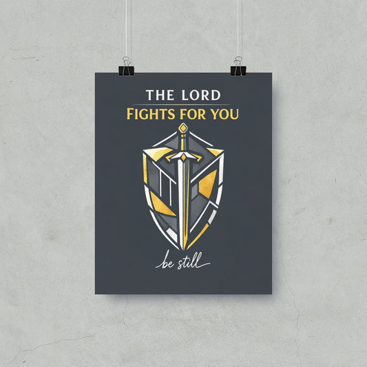 Poster with text "The Lord Fights For You" above a sword and shield design.