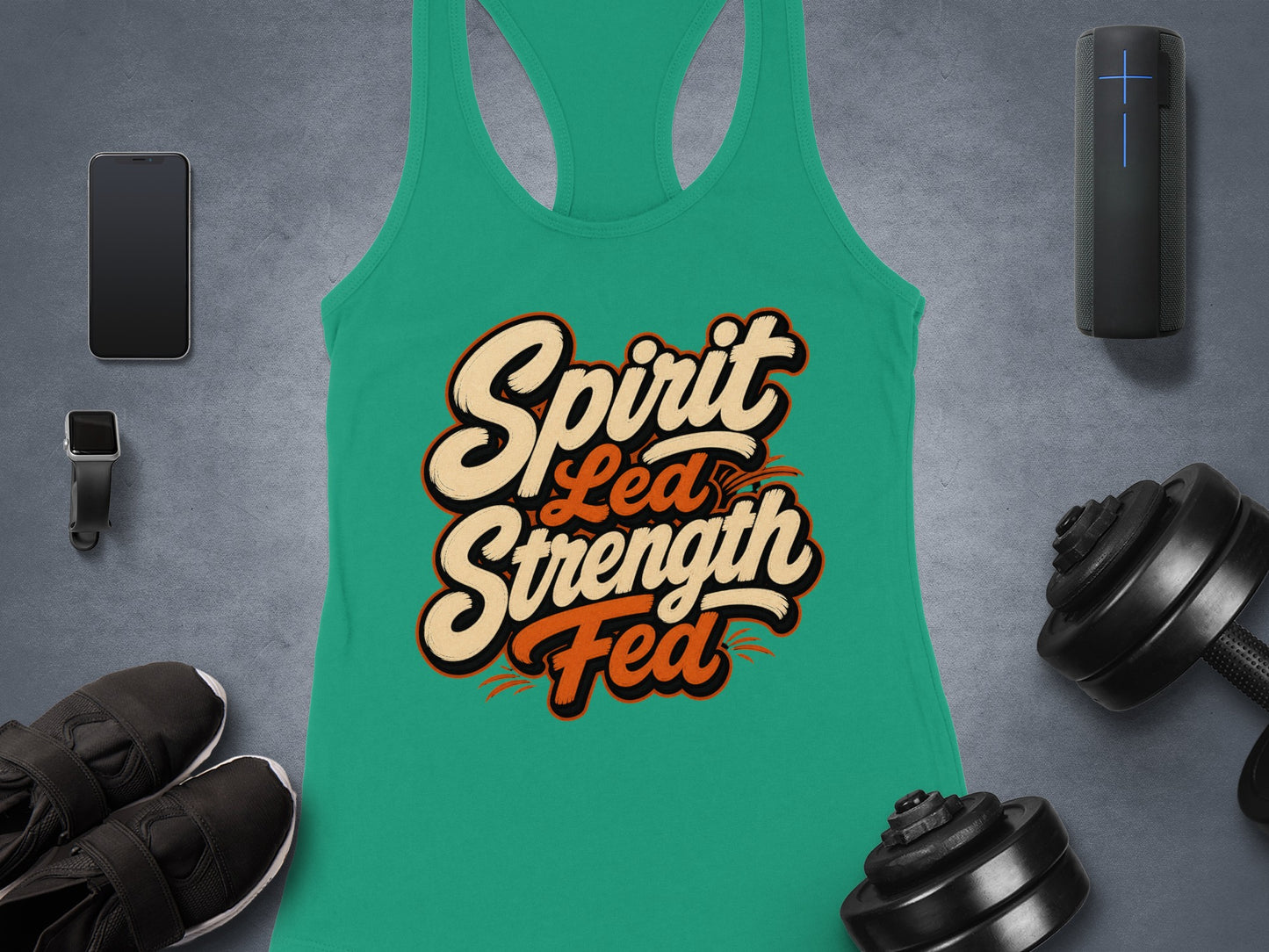 Green tank top with "Spirit Led Strength Fed" text, dumbbells, and workout gear.
