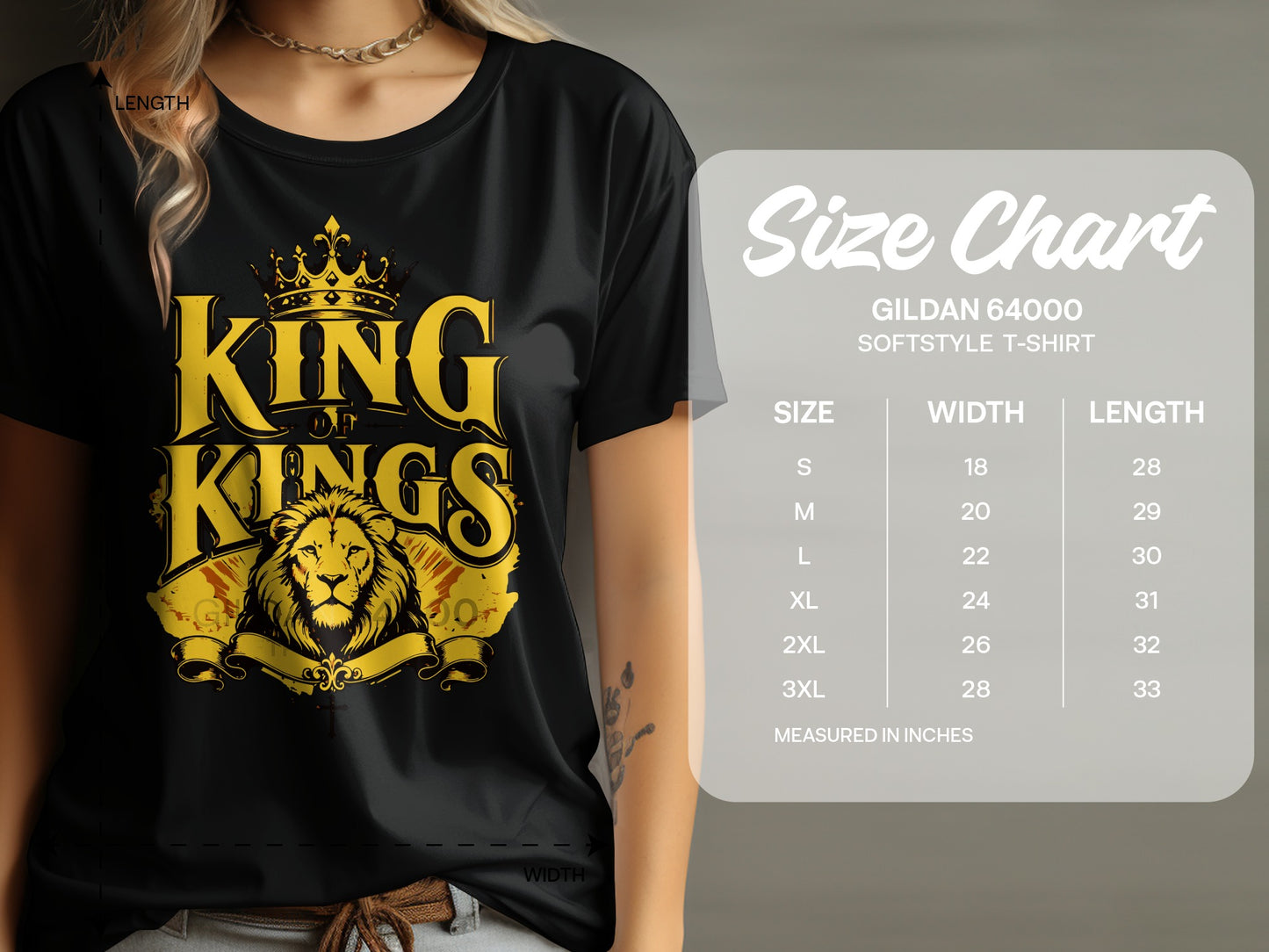 Black t-shirt with gold "King of Kings" graphic and size chart.