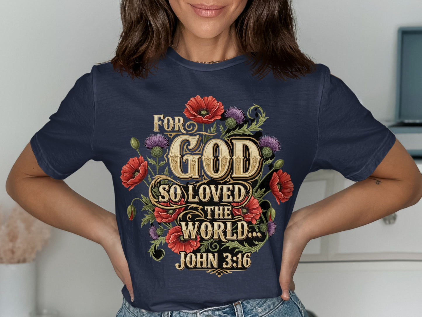 Navy t-shirt with "For God so loved the world... John 3:16" and floral design.