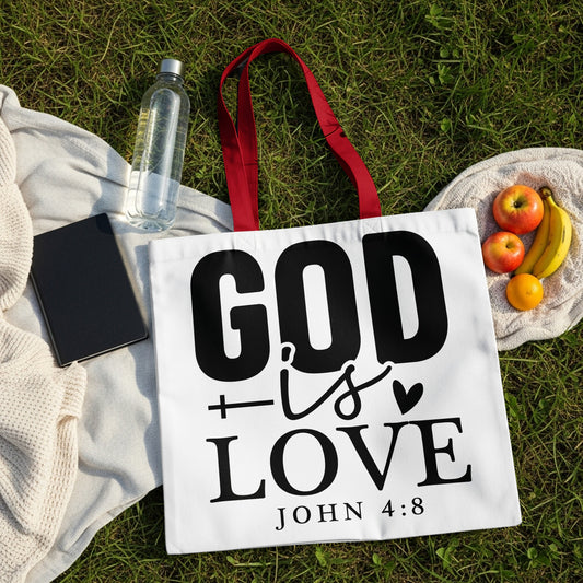 White tote bag with red handles, featuring text "GOD is LOVE JOHN 4:8".