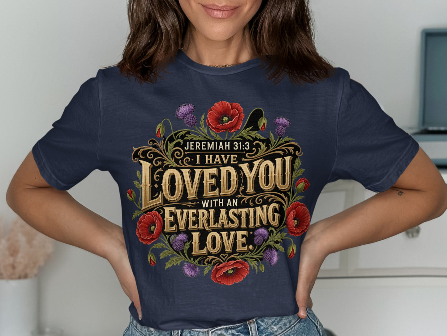 Navy t-shirt with floral wreath and text "Jeremiah 31:3 I Have Loved You With An Everlasting Love."
