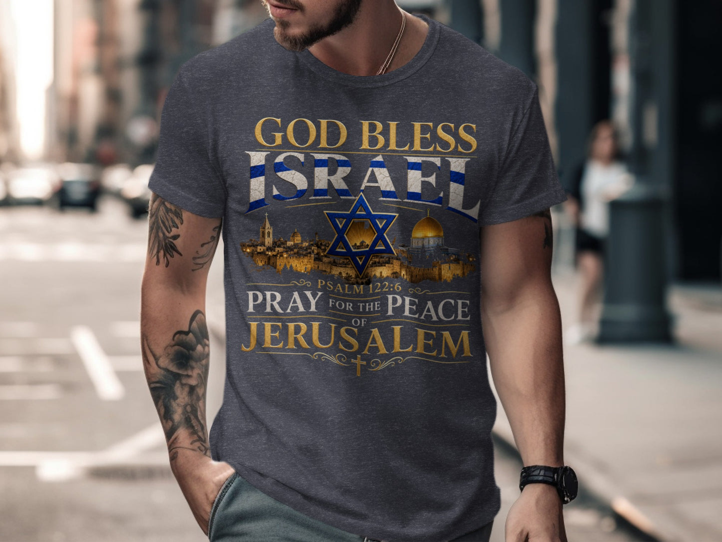 Gray t-shirt with text "God Bless Israel" and "Pray for the Peace of Jerusalem".
