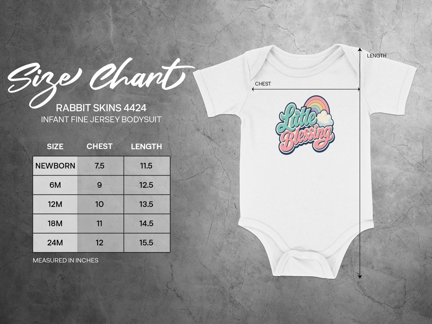 Rabbit Skins 4424 infant size chart for fine jersey bodysuits.