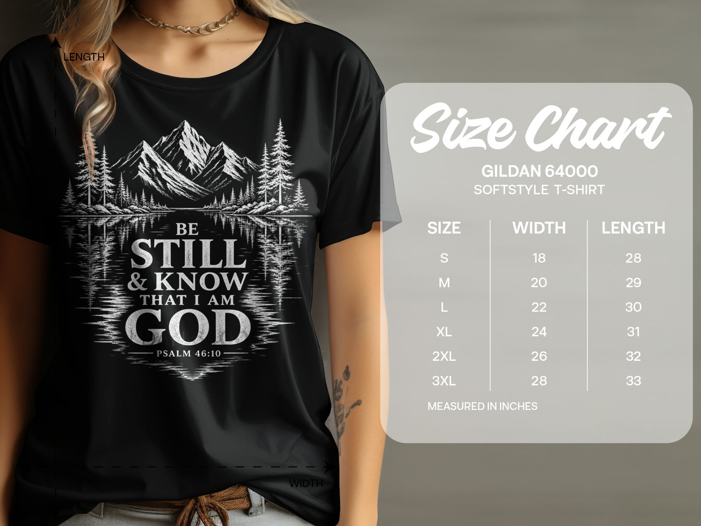 Black t-shirt with "Be Still & Know That I Am God" and size chart.