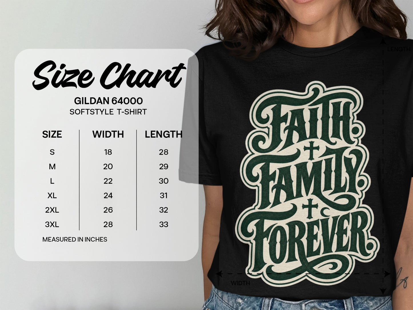 Gildan 64000 Softstyle T-shirt size chart with width and length measurements.